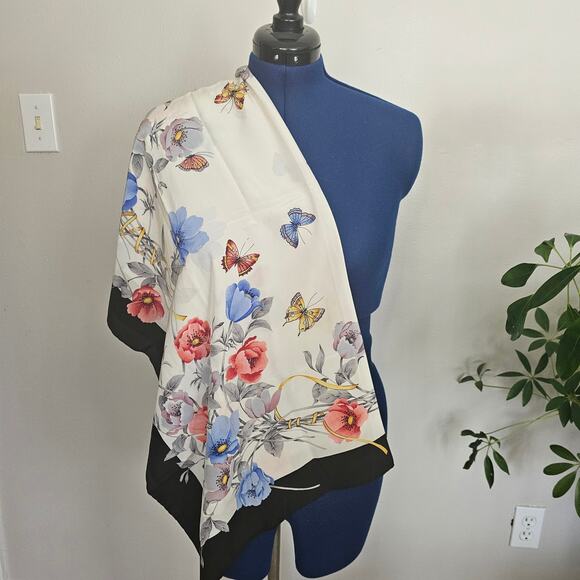 Vintage Floral & Butterfly Scarf – Black Border Garden Print Square Satin Scarf - Picture 3 of 3